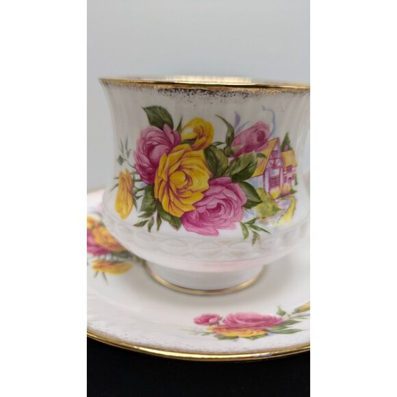ROYAL DOVER Bone China Footed Teacup Saucer Gold Trim Cottage Rose Elegant - Picture 7 of 16